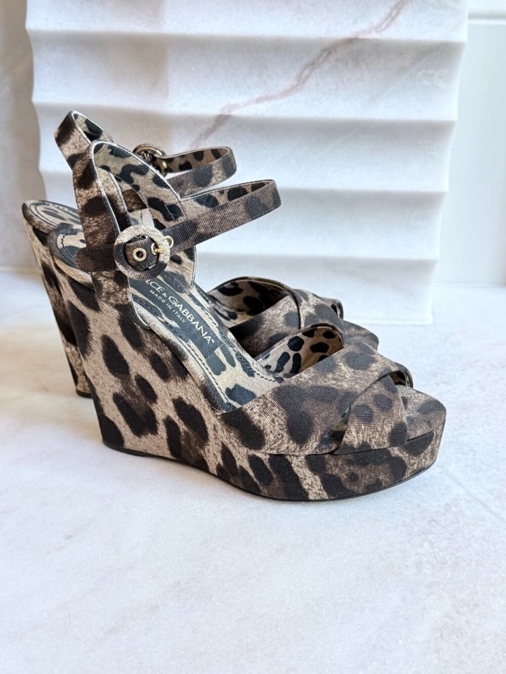 Dolce & Gabbana Leopard Print Canvas Leather Wedge Sandals